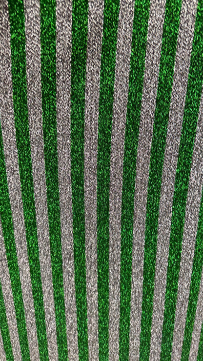 New metallic stripes design Kelly/Silver 4-way stretch 58/60” Sold by the YD. High quality fabrics by AlexLAFabrics