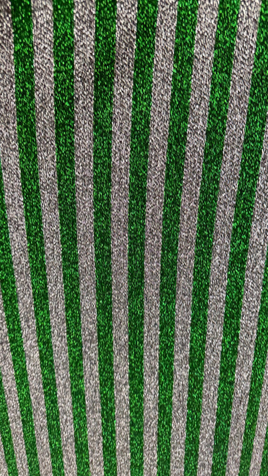 New metallic stripes design Kelly/Silver 4-way stretch 58/60” Sold by the YD. High quality fabrics by AlexLAFabrics