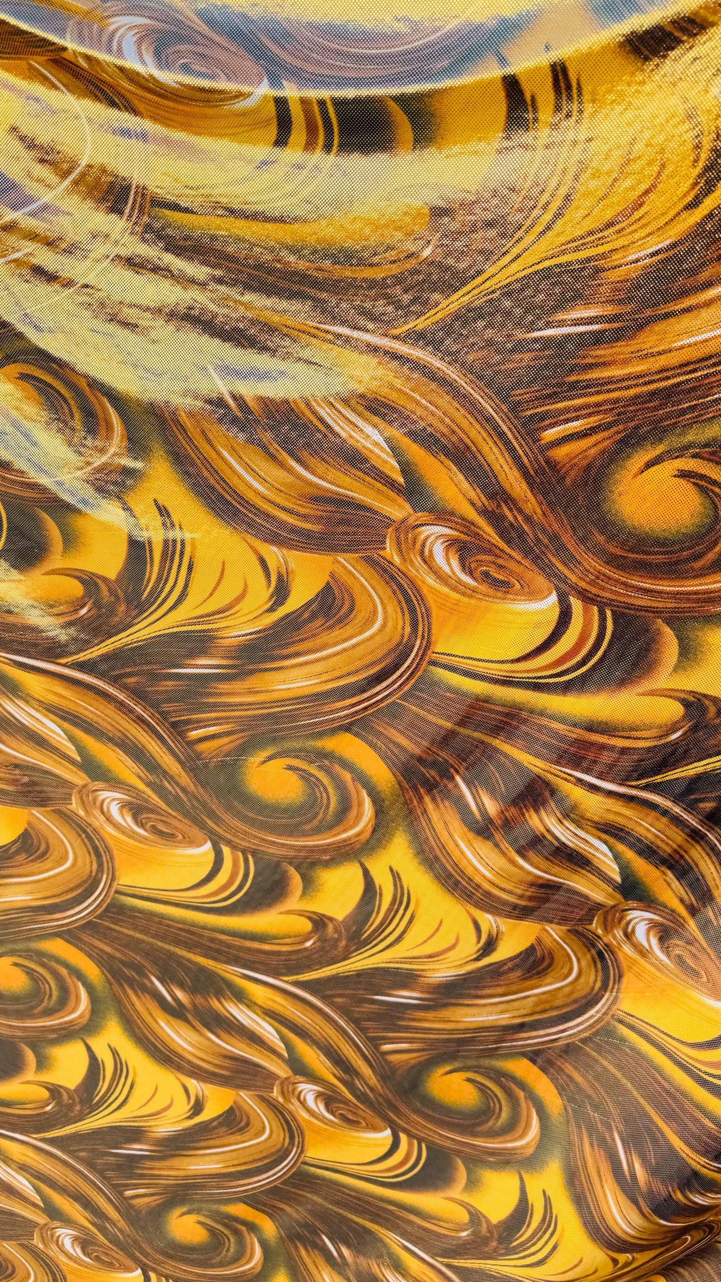 New tornado abstract design on poly spandex with super shiny foil  4way stretch 58/60" Sold by the YD. Ships worldwide from Los Angeles Ca