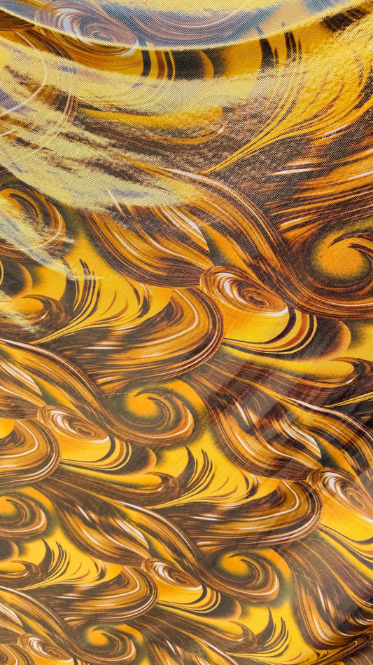 New tornado abstract design on poly spandex with super shiny foil  4way stretch 58/60" Sold by the YD. Ships worldwide from Los Angeles Ca