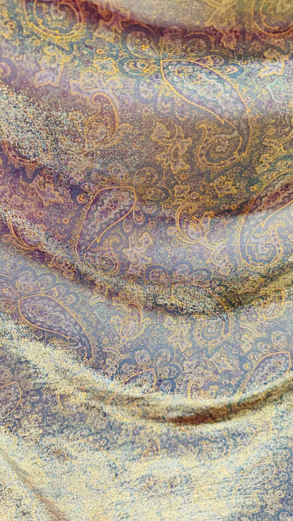 New metallic iridescent paisley mesh Gold/Multicolor  2-way stretch 58/60" Sold by the YD. Ships worldwide from Los Ángeles California USA.
