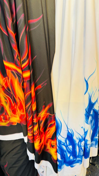 Flames design Black/Fire and White/Sapphire print on great quality of nylon spandex 4-way stretch 58/60” Sold by the YD. Ships Worldwide