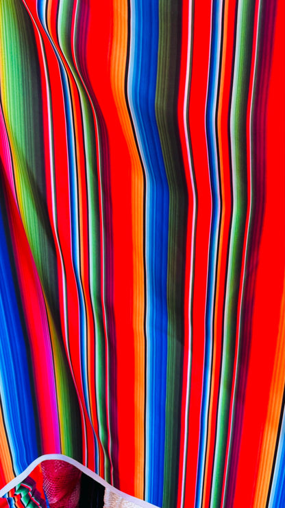 Zarape design colorful striped multicolor print on great quality of nylon spandex 4-way stretch 58/60” Sold by the YD.