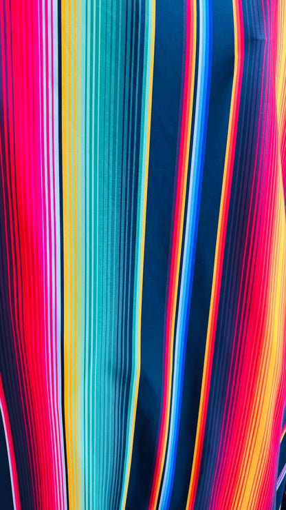 Zarape design colorful striped multicolor print on great quality of nylon spandex 4-way stretch 58/60” Sold by the YD.