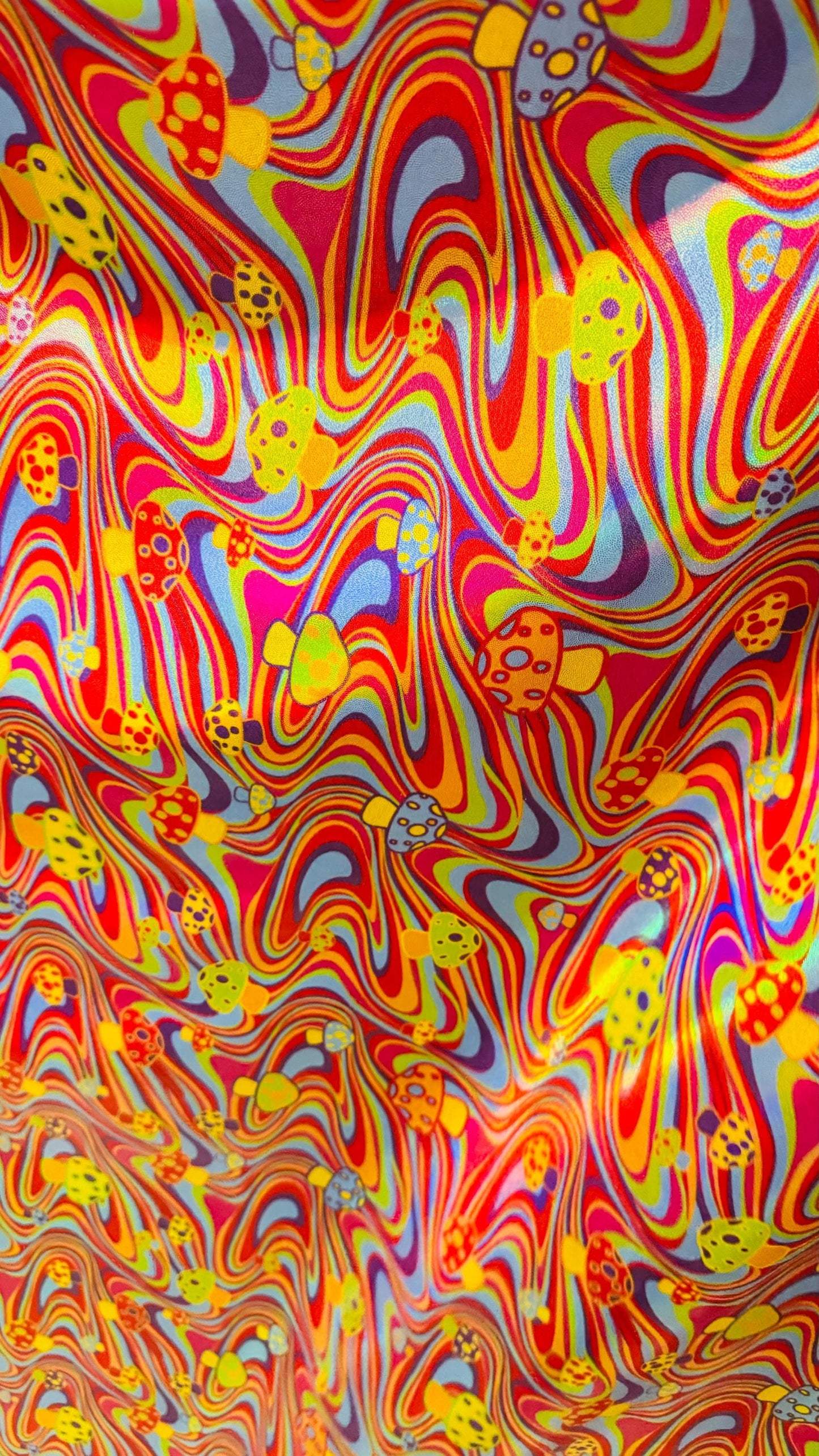 Psychedelic Iridescent Mushrooms 3D design Multicolor metallic hologram nylon spandex fabric 4-way 58/60” Sold by the YD.