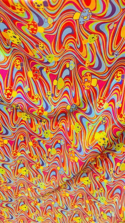 Psychedelic Iridescent Mushrooms 3D design Multicolor metallic hologram nylon spandex fabric 4-way 58/60” Sold by the YD.