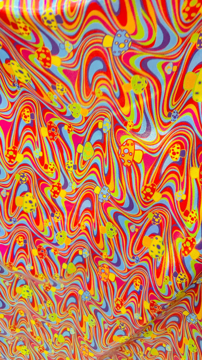 Psychedelic Iridescent Mushrooms 3D design Multicolor metallic hologram nylon spandex fabric 4-way 58/60” Sold by the YD.