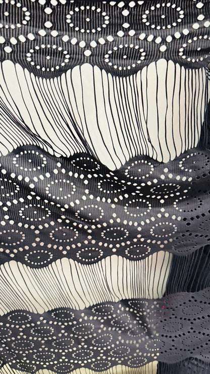 Spandex Fringe Geometric design nylon spandex 4-way stretch 55/57” Sold by the YD. Ships worldwide from Los Angeles California USA.