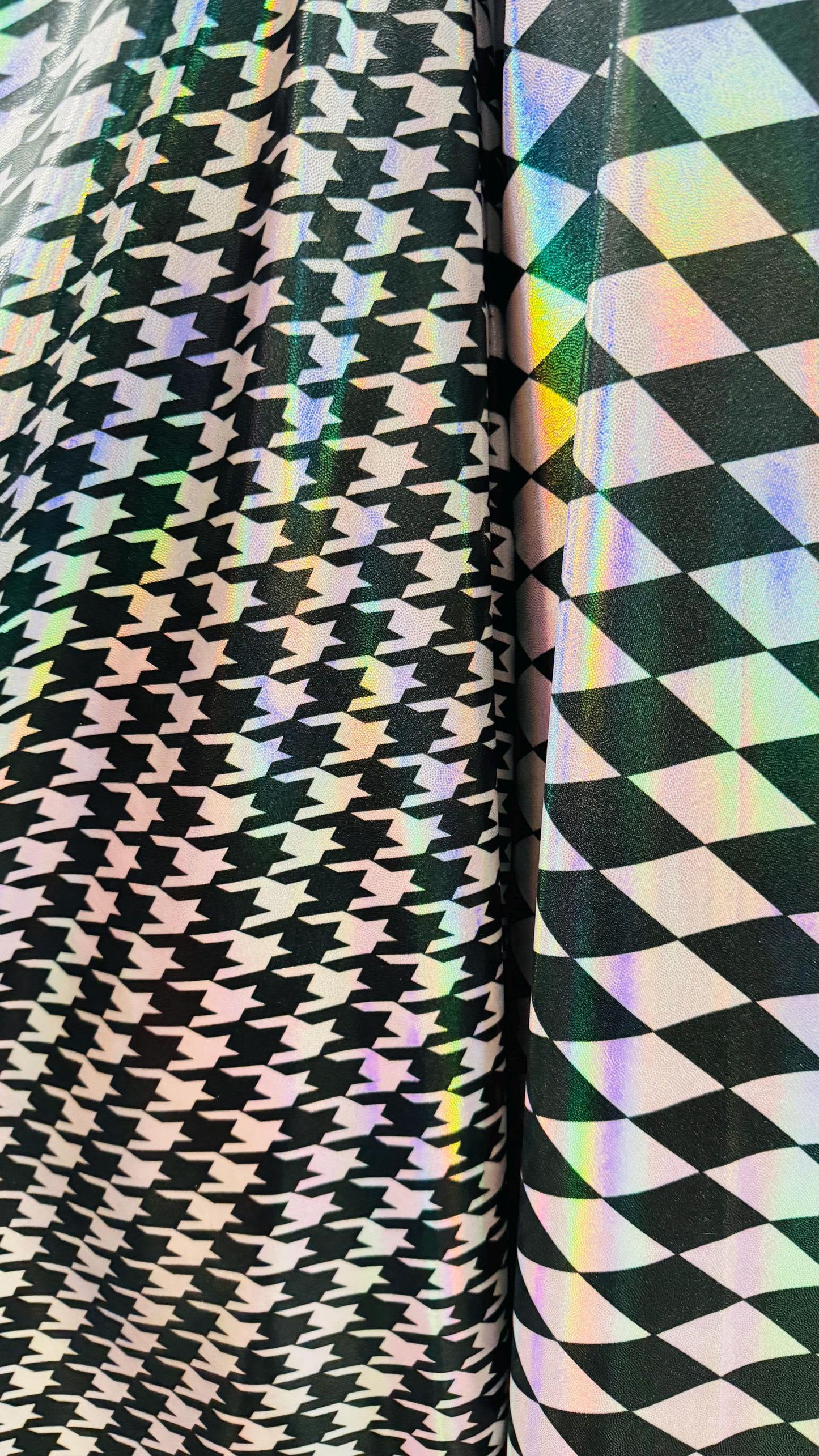 New Diamond and Houndstooth design Iridescent metallic nylon spandex 4way stretch 58/60" Sold by the YD. Ships worldwide from Los Angeles CA