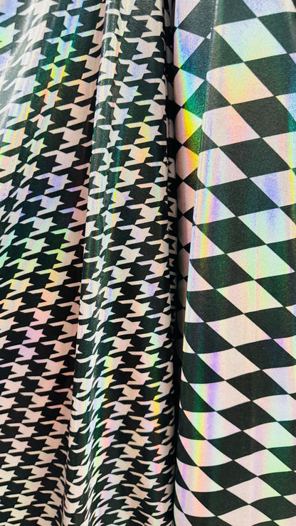 New Diamond and Houndstooth design Iridescent metallic nylon spandex 4way stretch 58/60" Sold by the YD. Ships worldwide from Los Angeles CA
