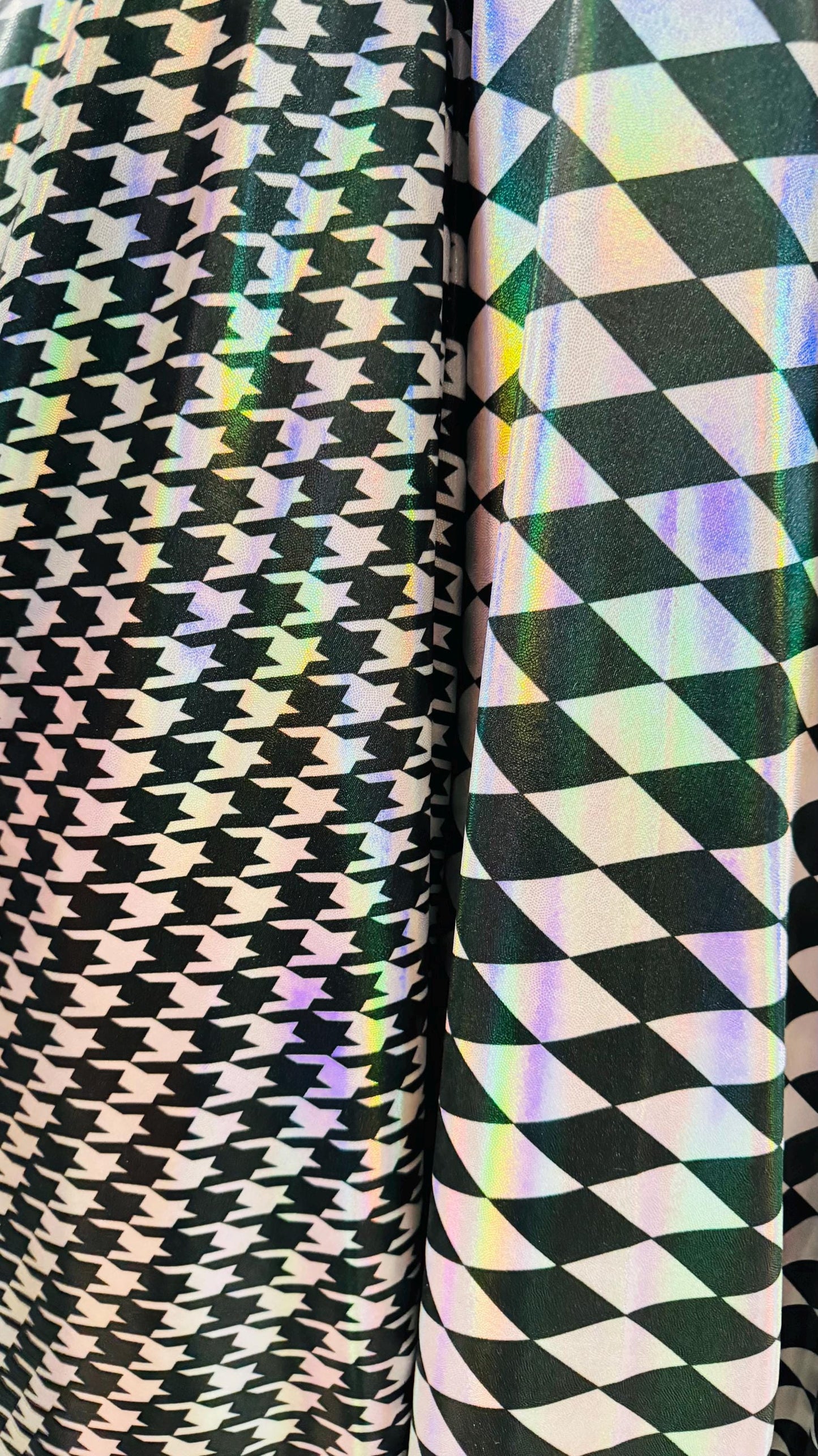 New Diamond and Houndstooth design Iridescent metallic nylon spandex 4way stretch 58/60" Sold by the YD. Ships worldwide from Los Angeles CA