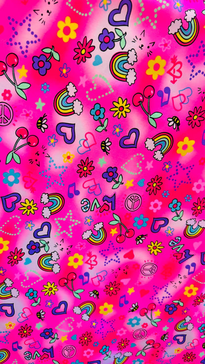 Peace and love design print on heavy nylon spandex 4way stretch 58/60" Sold by the YD. Ships worldwide from Los Angeles California USA.