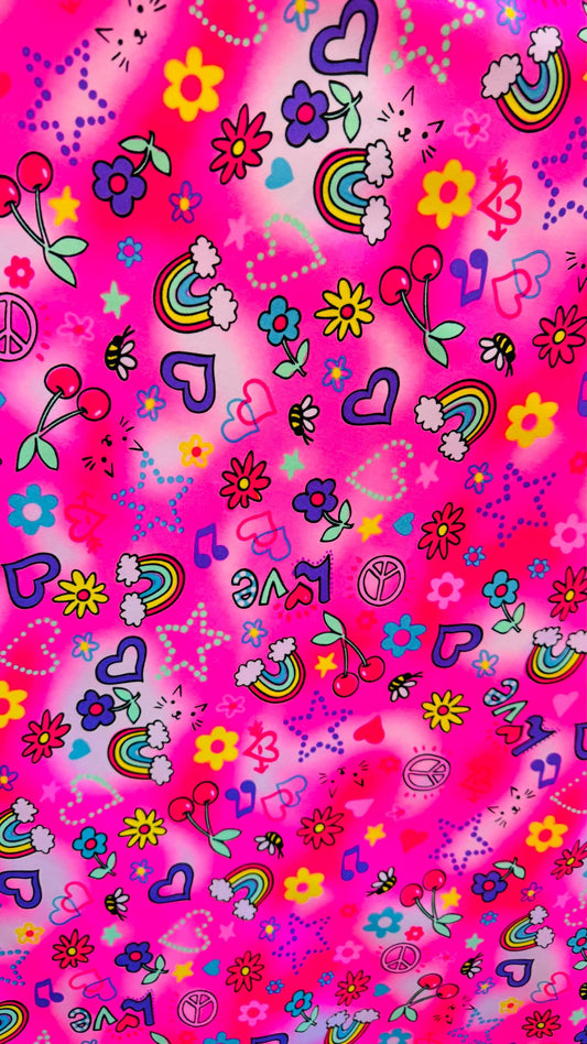 Peace and love design print on heavy nylon spandex 4way stretch 58/60" Sold by the YD. Ships worldwide from Los Angeles California USA.