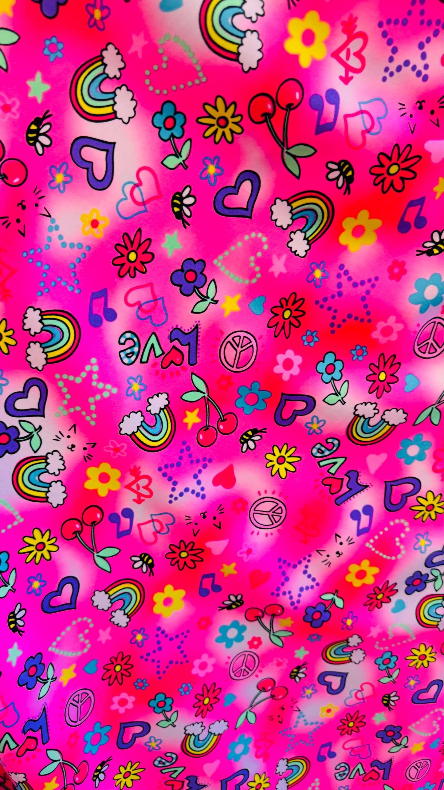 Peace and love design print on heavy nylon spandex 4way stretch 58/60" Sold by the YD. Ships worldwide from Los Angeles California USA.