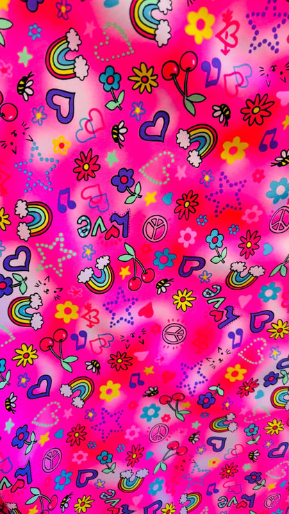 Peace and love design print on heavy nylon spandex 4way stretch 58/60" Sold by the YD. Ships worldwide from Los Angeles California USA.