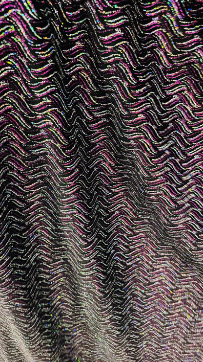 New Abstract wavy design metallic slinky 4-way stretch glitter fabric 58/60” Sold by the YD. Ships Worldwide from Los Angeles California