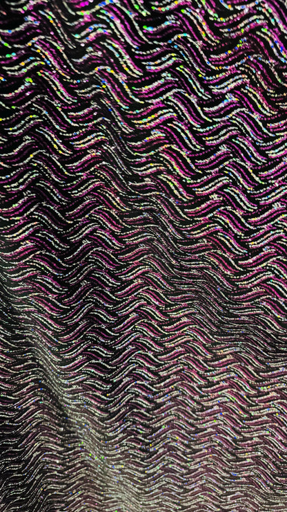 New Abstract wavy design metallic slinky 4-way stretch glitter fabric 58/60” Sold by the YD. Ships Worldwide from Los Angeles California