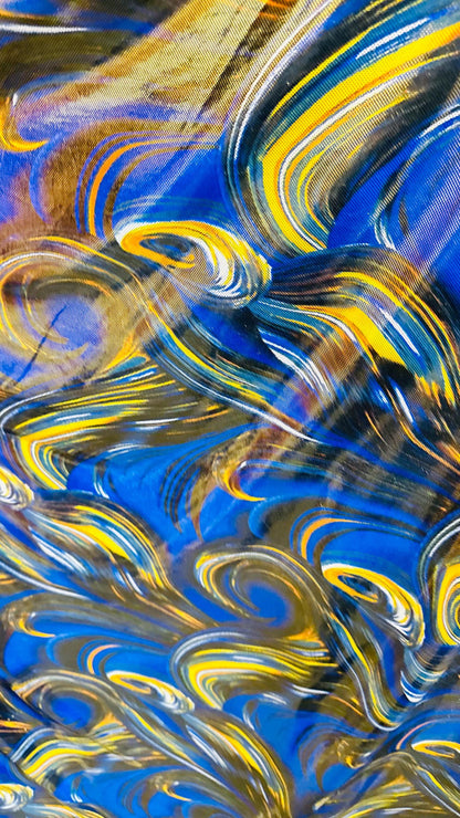 New tornado abstract design on poly spandex with super shiny foil  4way stretch 58/60" Sold by the YD. Ships worldwide from Los Angeles Ca