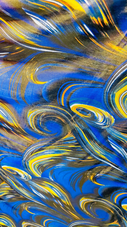 New tornado abstract design on poly spandex with super shiny foil  4way stretch 58/60" Sold by the YD. Ships worldwide from Los Angeles Ca