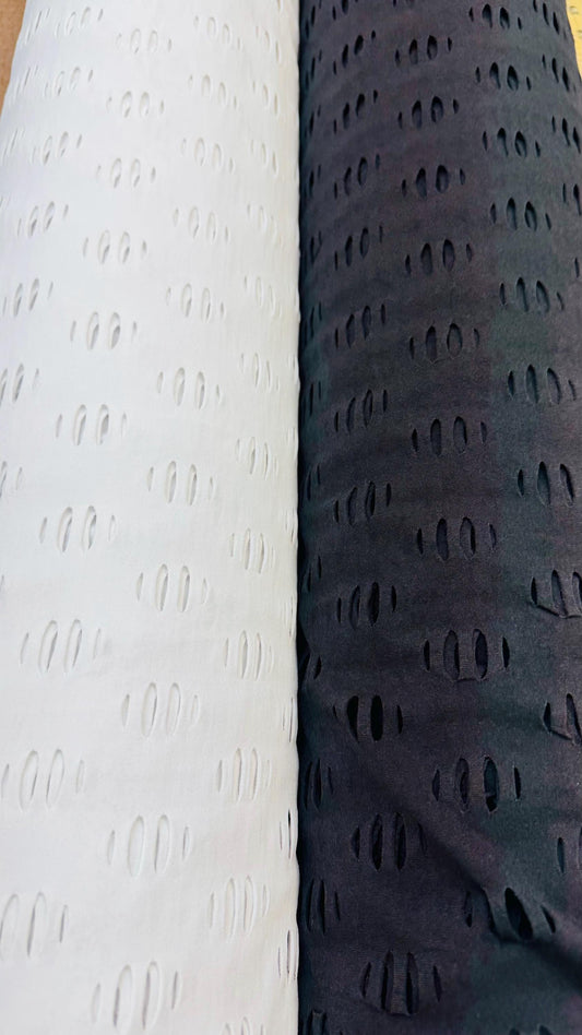 Geometric Lacer cut design nylon spandex 4-way stretch 58/60” Sold by the YD. Ships Worldwide from Los Angeles California USA.