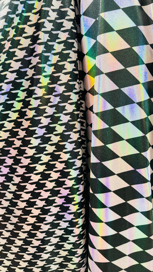 New Diamond and Houndstooth design Iridescent metallic nylon spandex 4way stretch 58/60" Sold by the YD. Ships worldwide from Los Angeles CA
