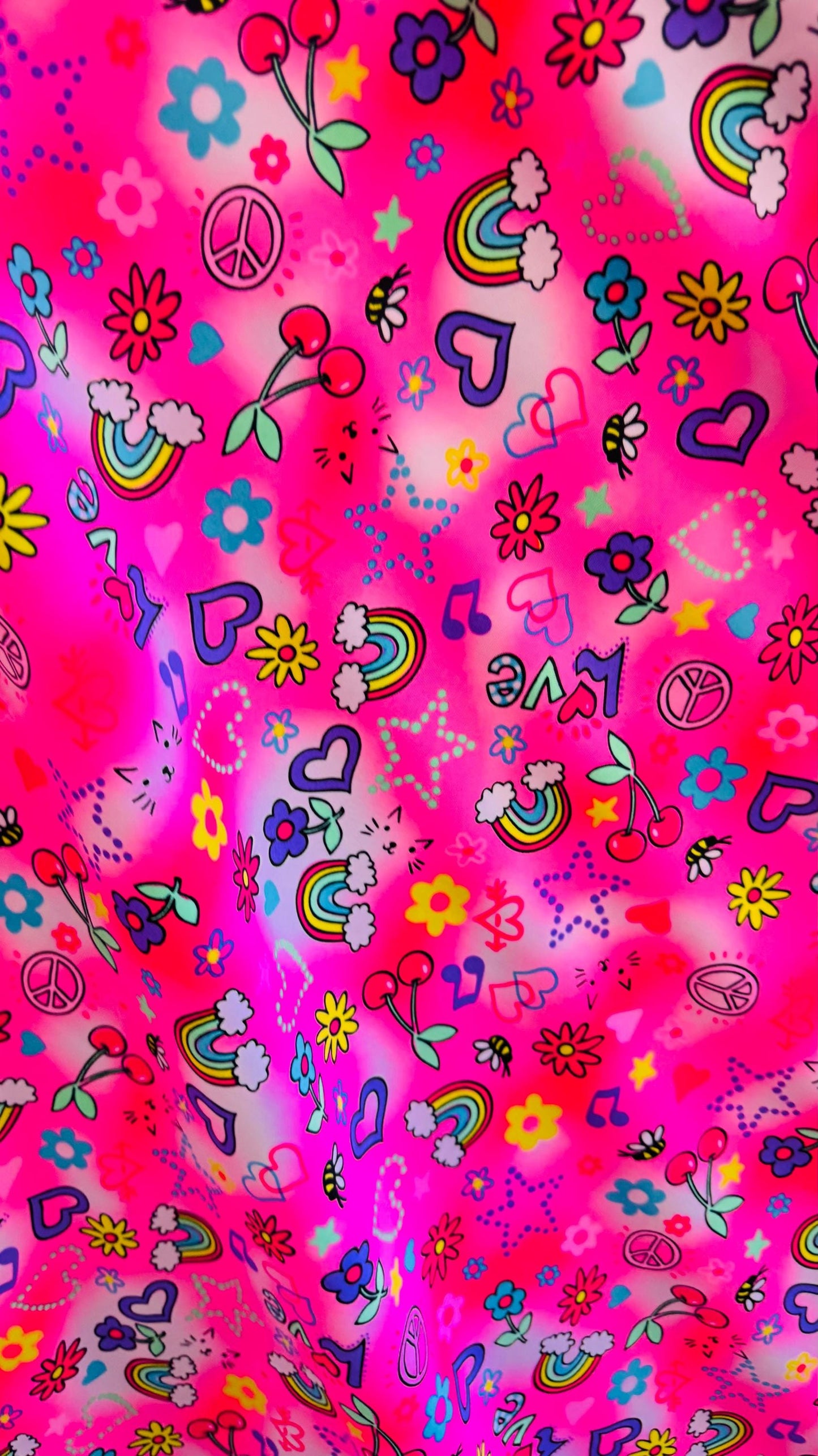 Peace and love design print on heavy nylon spandex 4way stretch 58/60" Sold by the YD. Ships worldwide from Los Angeles California USA.