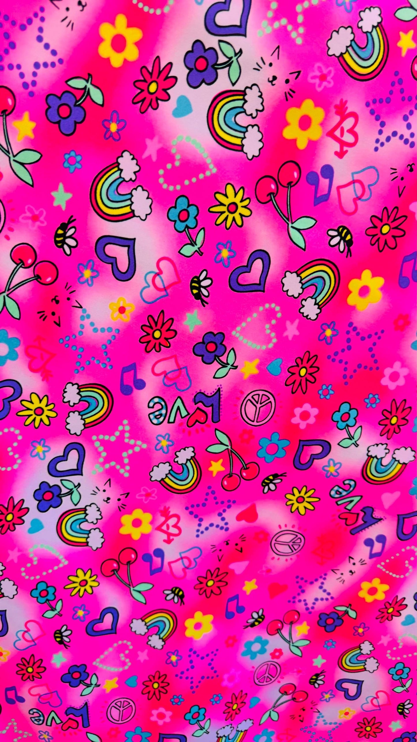 Peace and love design print on heavy nylon spandex 4way stretch 58/60" Sold by the YD. Ships worldwide from Los Angeles California USA.