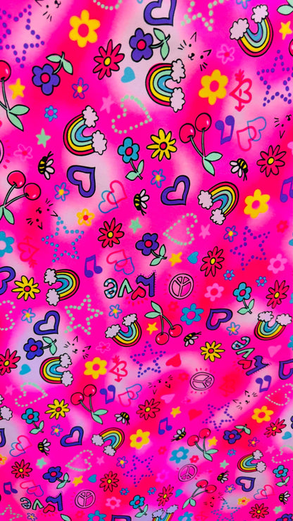 Peace and love design print on heavy nylon spandex 4way stretch 58/60" Sold by the YD. Ships worldwide from Los Angeles California USA.