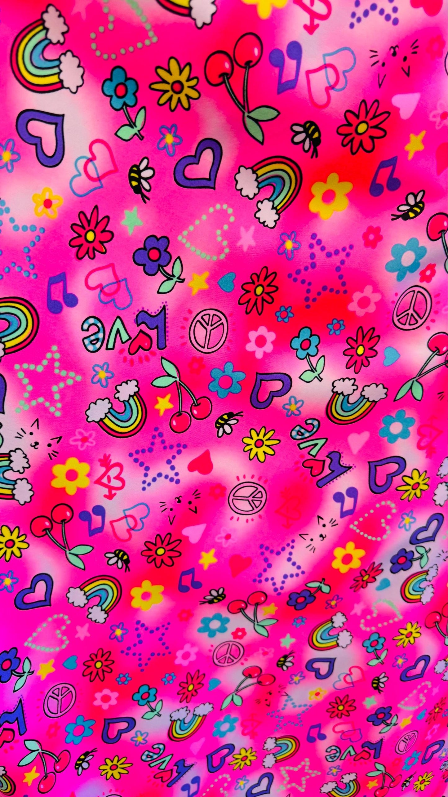 Peace and love design print on heavy nylon spandex 4way stretch 58/60" Sold by the YD. Ships worldwide from Los Angeles California USA.