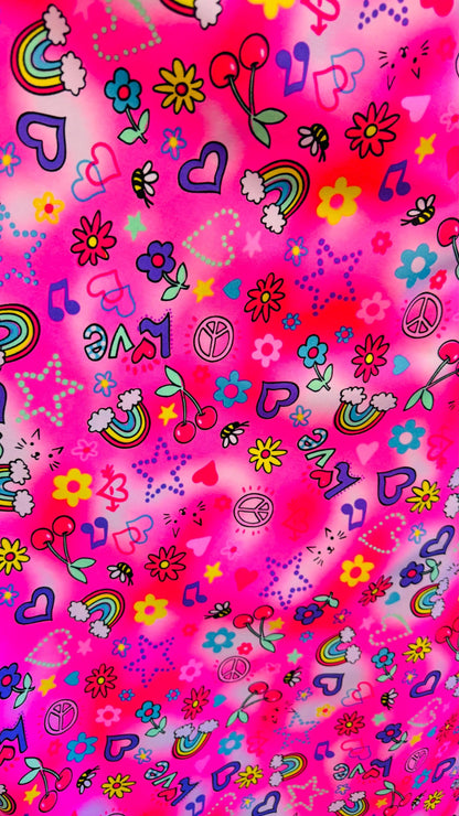 Peace and love design print on heavy nylon spandex 4way stretch 58/60" Sold by the YD. Ships worldwide from Los Angeles California USA.