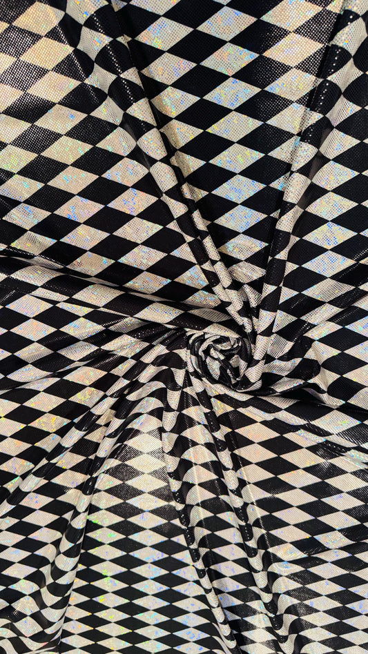 New Diamond Harlequin Design Hologram Shattered Glass metallic nylon spandex 4way stretch 58/60" Sold by the YD. Ships worldwide from LA CA