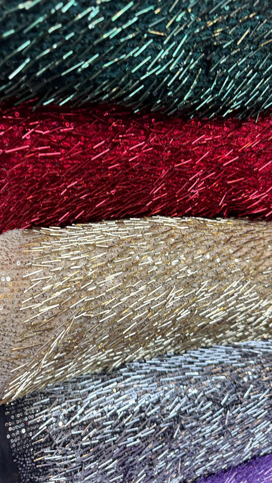 Fringe design Luxury Beaded lace embroidered on stretch mesh 4-way 55/57” High Quality fabrics by AlexLAFabrics