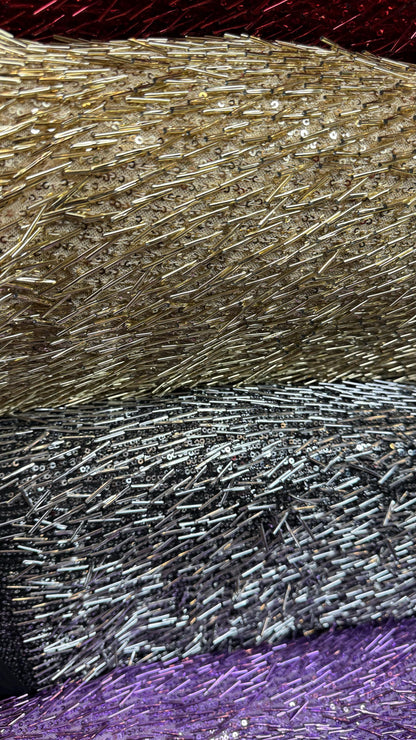 Fringe design Luxury Beaded lace embroidered on stretch mesh 4-way 55/57” High Quality fabrics by AlexLAFabrics