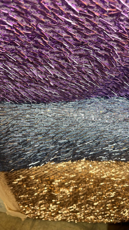 Fringe design Luxury Beaded lace embroidered on stretch mesh 4-way 55/57” High Quality fabrics by AlexLAFabrics