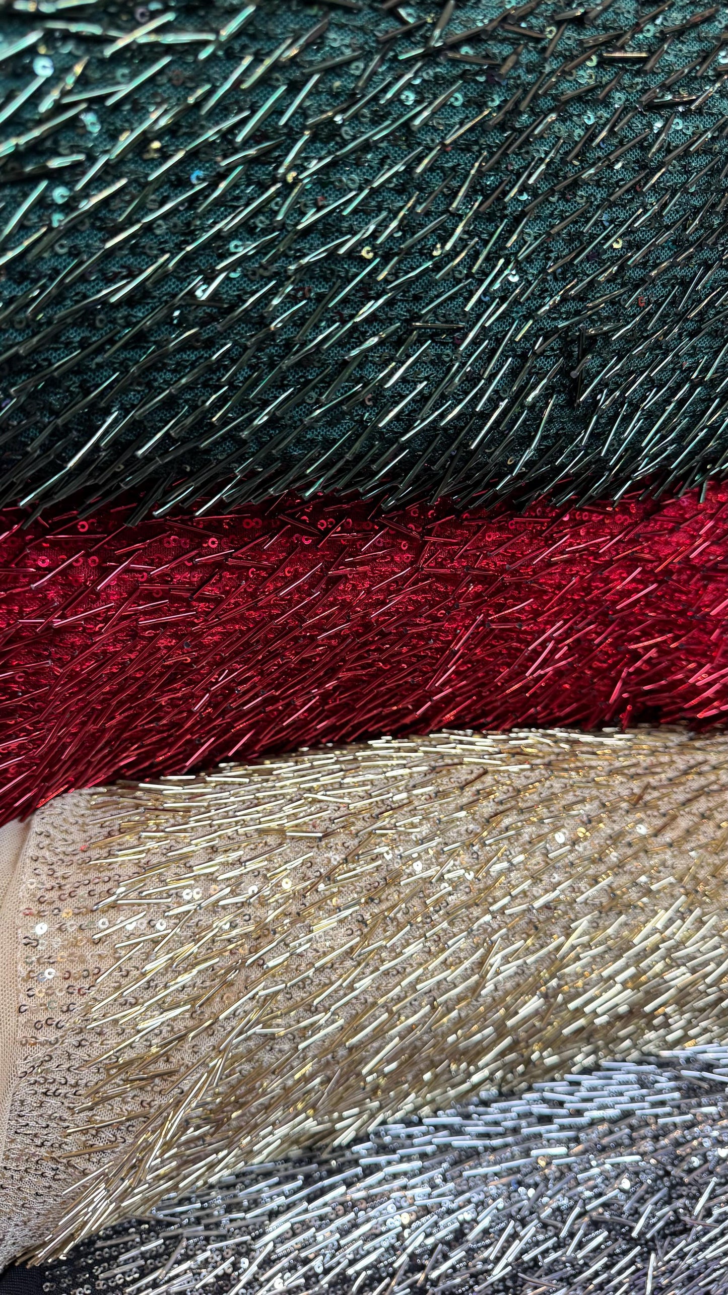 Fringe design Luxury Beaded lace embroidered on stretch mesh 4-way 55/57” High Quality fabrics by AlexLAFabrics