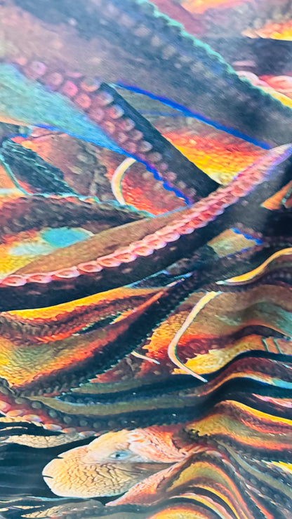 Octopus design multicolor print on nylon spandex 4way stretch 58/60" Sold by the yd. Ships worldwide from Los Angeles California USA.