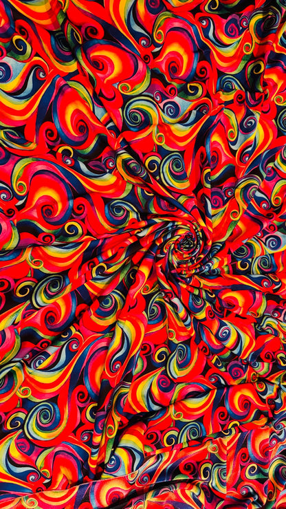 Modern abstract Paisley design multicolor heavy stretch velvet 4-way 58/60” Sold by the YD. Ships worldwide from Los Angeles California USA.