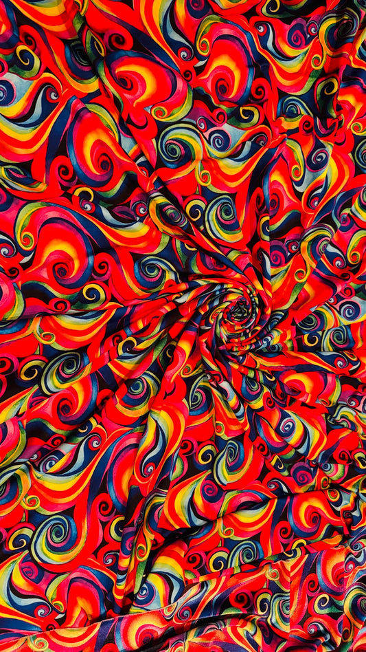 Modern abstract Paisley design multicolor heavy stretch velvet 4-way 58/60” Sold by the YD. Ships worldwide from Los Angeles California USA.