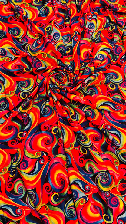 Modern abstract Paisley design multicolor heavy stretch velvet 4-way 58/60” Sold by the YD. Ships worldwide from Los Angeles California USA.