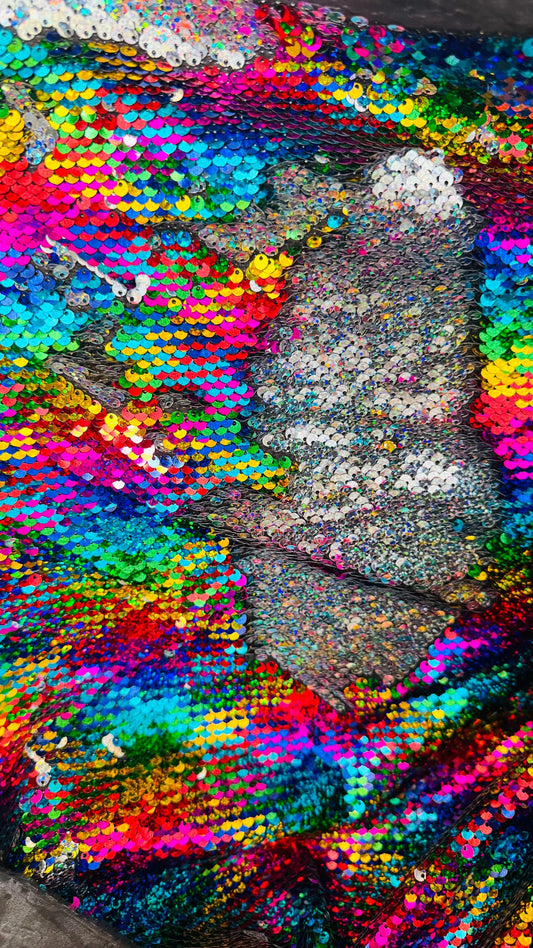 New Rainbow Geometric sequins mermaid reversible sequins rainbow/silver on non stretch base 58/60" Sold by the YD. Ships Worldwide from LA