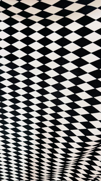 Harlequin design black/white on spandex velvet 4way Stretch 58/60" Sold bubthe YD. Ships worldwide from Los Angeles California USA