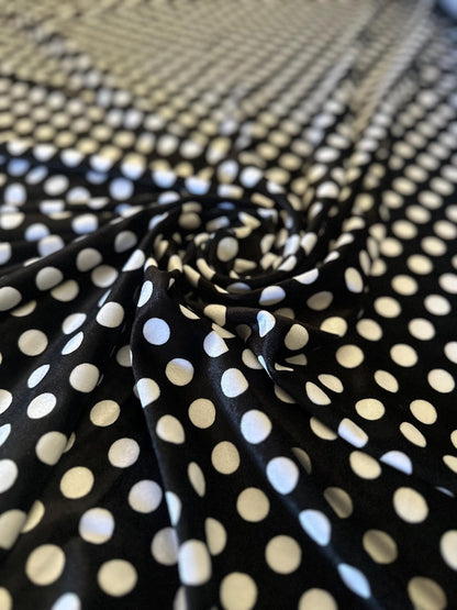 Polka Dots design black/white on stretch luxury silky velvet 58/60” Sold by the YD. Ships Worldwide from Los Angeles California USA.