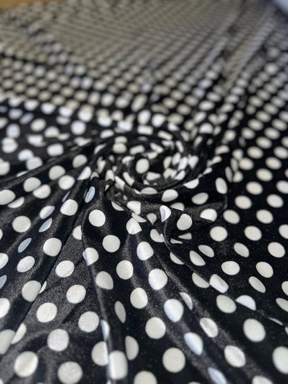 Polka Dots design black/white on stretch luxury silky velvet 58/60” Sold by the YD. Ships Worldwide from Los Angeles California USA.