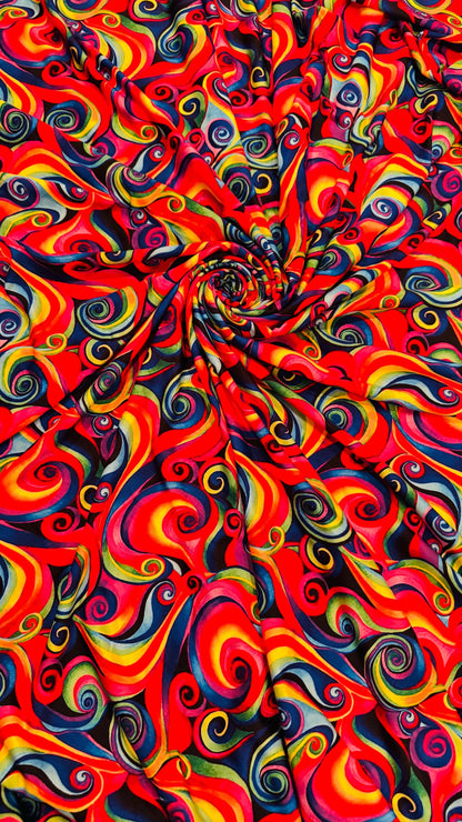 Modern abstract Paisley design multicolor heavy stretch velvet 4-way 58/60” Sold by the YD. Ships worldwide from Los Angeles California USA.