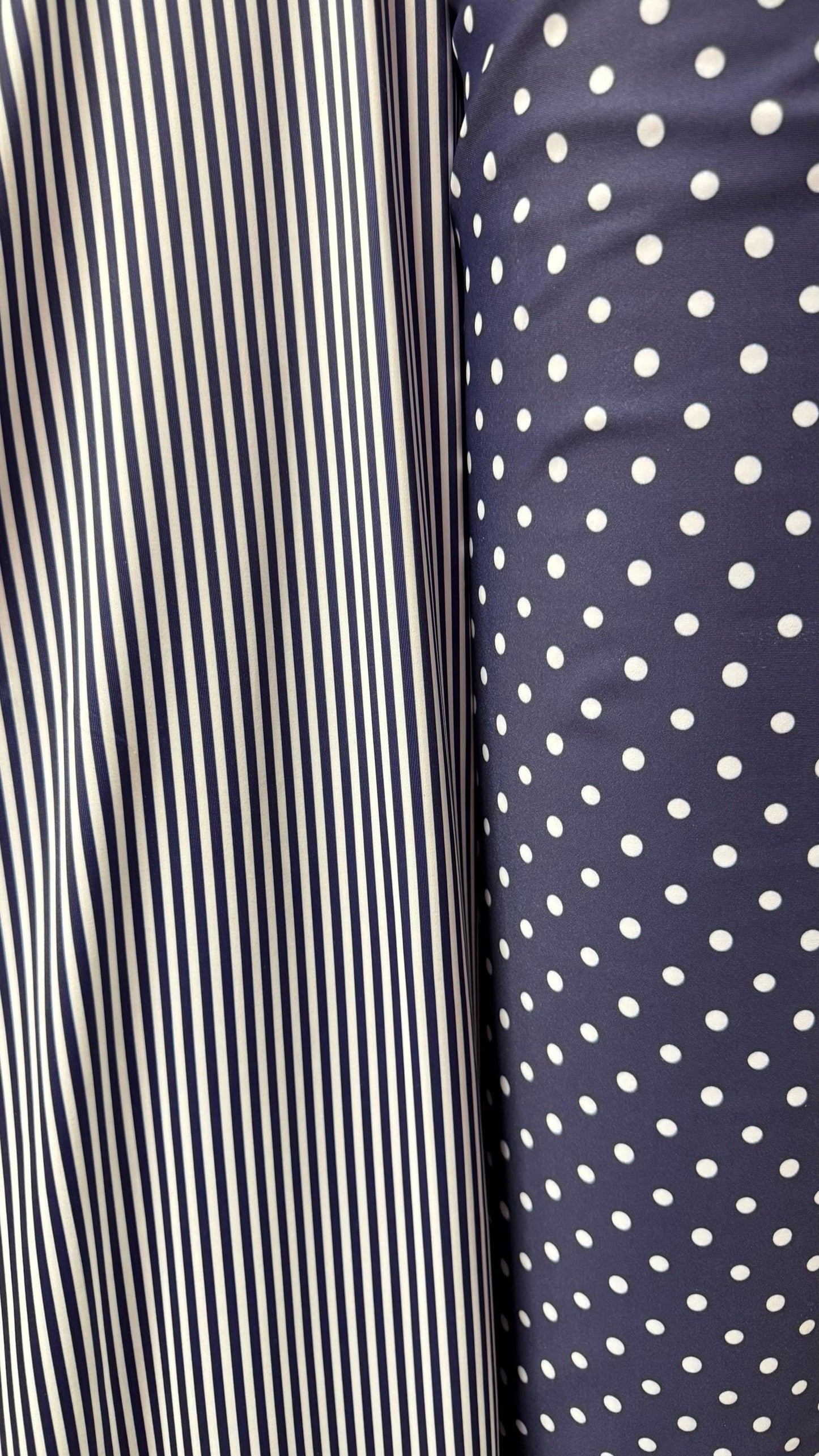 Small Stripe  & Polka Dots design Navy/White print on great quality of nylon spandex 4-way stretch 58/60” Sold by the YD. Ships Worldwide