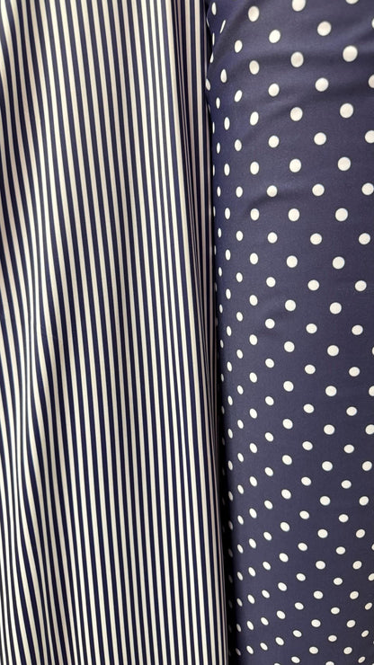 Small Stripe  & Polka Dots design Navy/White print on great quality of nylon spandex 4-way stretch 58/60” Sold by the YD. Ships Worldwide
