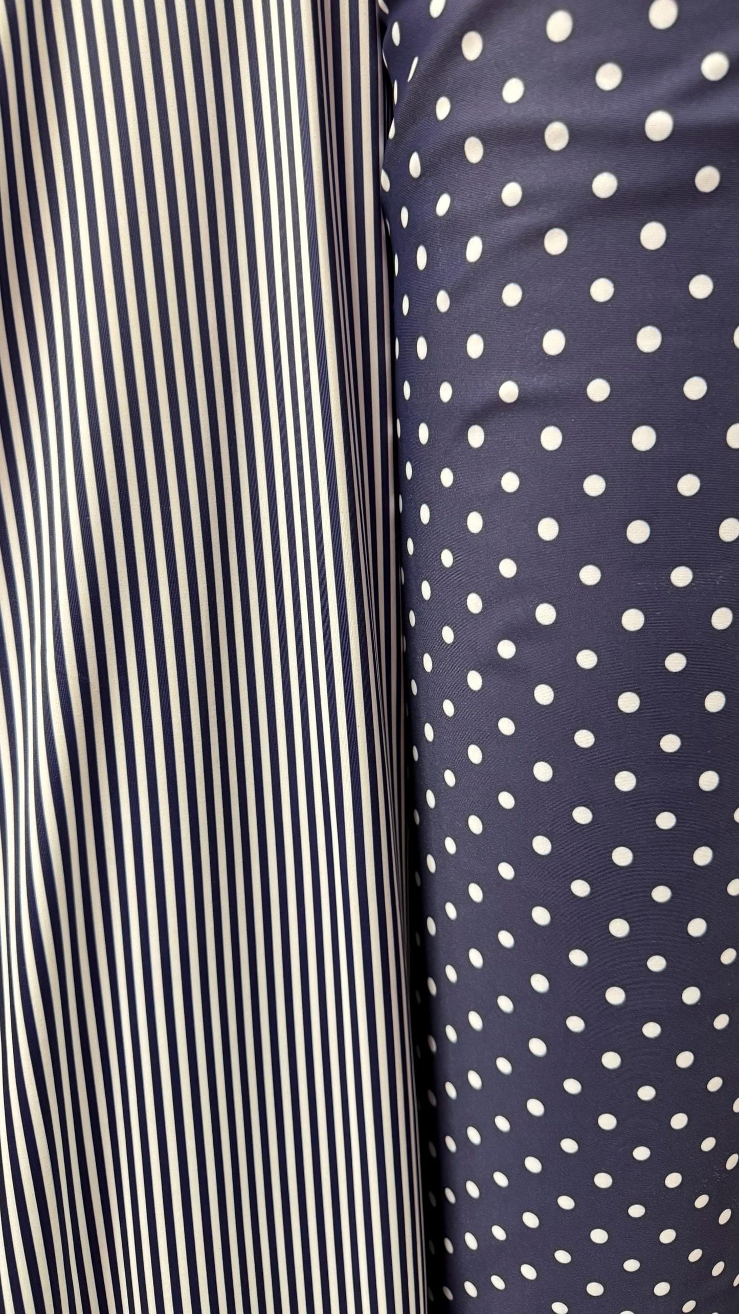 Small Stripe  & Polka Dots design Navy/White print on great quality of nylon spandex 4-way stretch 58/60” Sold by the YD. Ships Worldwide