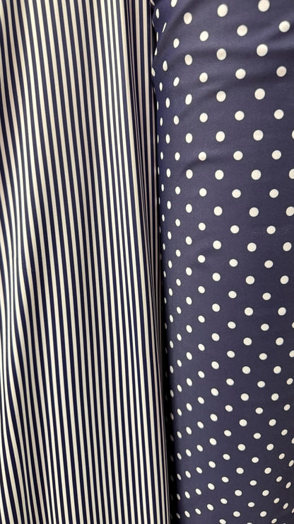 Small Stripe  & Polka Dots design Navy/White print on great quality of nylon spandex 4-way stretch 58/60” Sold by the YD. Ships Worldwide