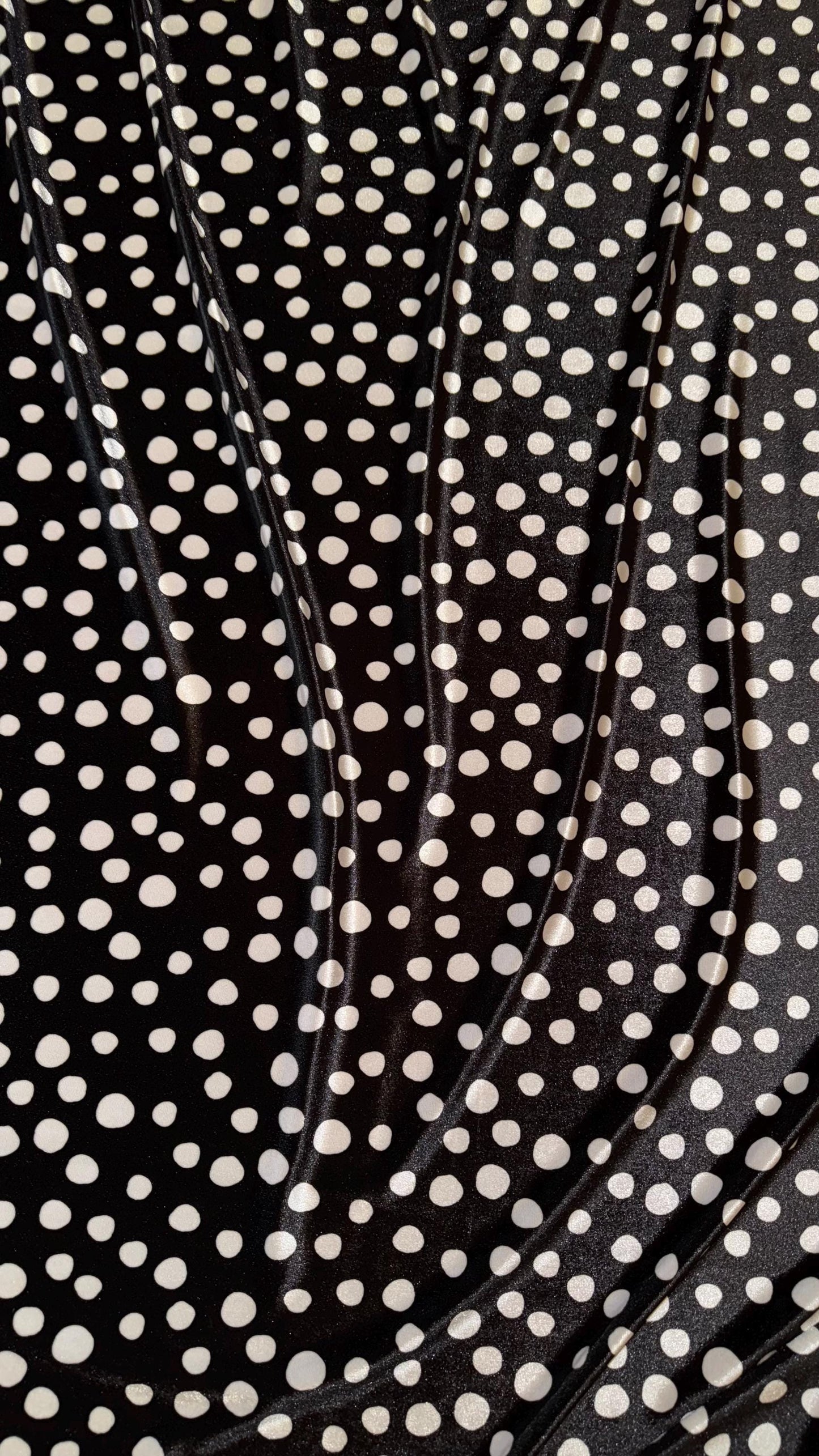 Pebbles design black/white on stretch luxury silky velvet 58/60” Sold by the YD. Ships Worldwide from Los Angeles California USA.