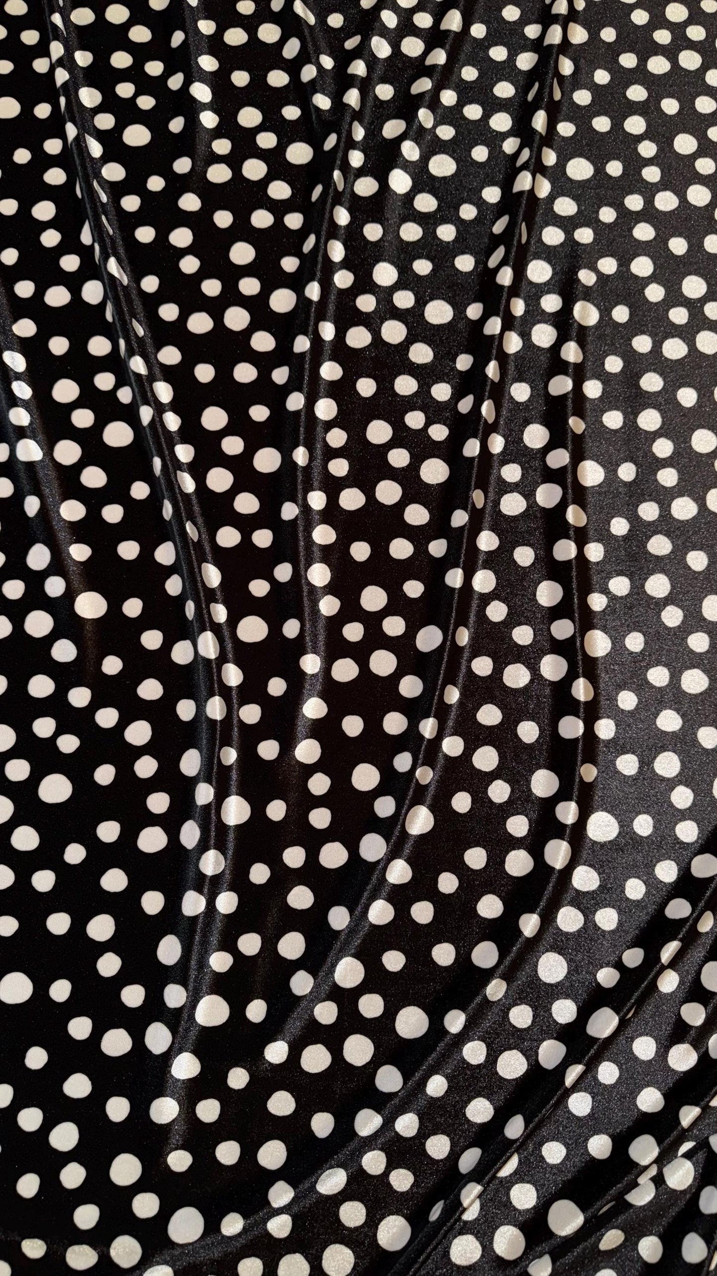 Pebbles design black/white on stretch luxury silky velvet 58/60” Sold by the YD. Ships Worldwide from Los Angeles California USA.